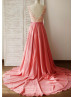 Coral Lace Long Chiffon Prom Dress